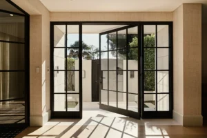 Steela. Bellevue Hill Project - Pivot Door with Fixed Sidelights 3 - Hand-Brushed Bronze Finish - Custom Hardware
